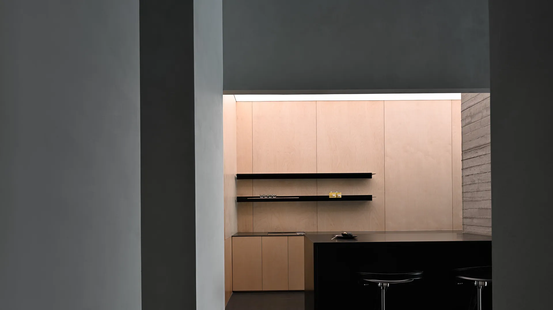 Modern minimalist kitchen with wood shelves and countertop.