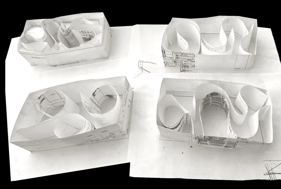 Black and white architectural models made of paper