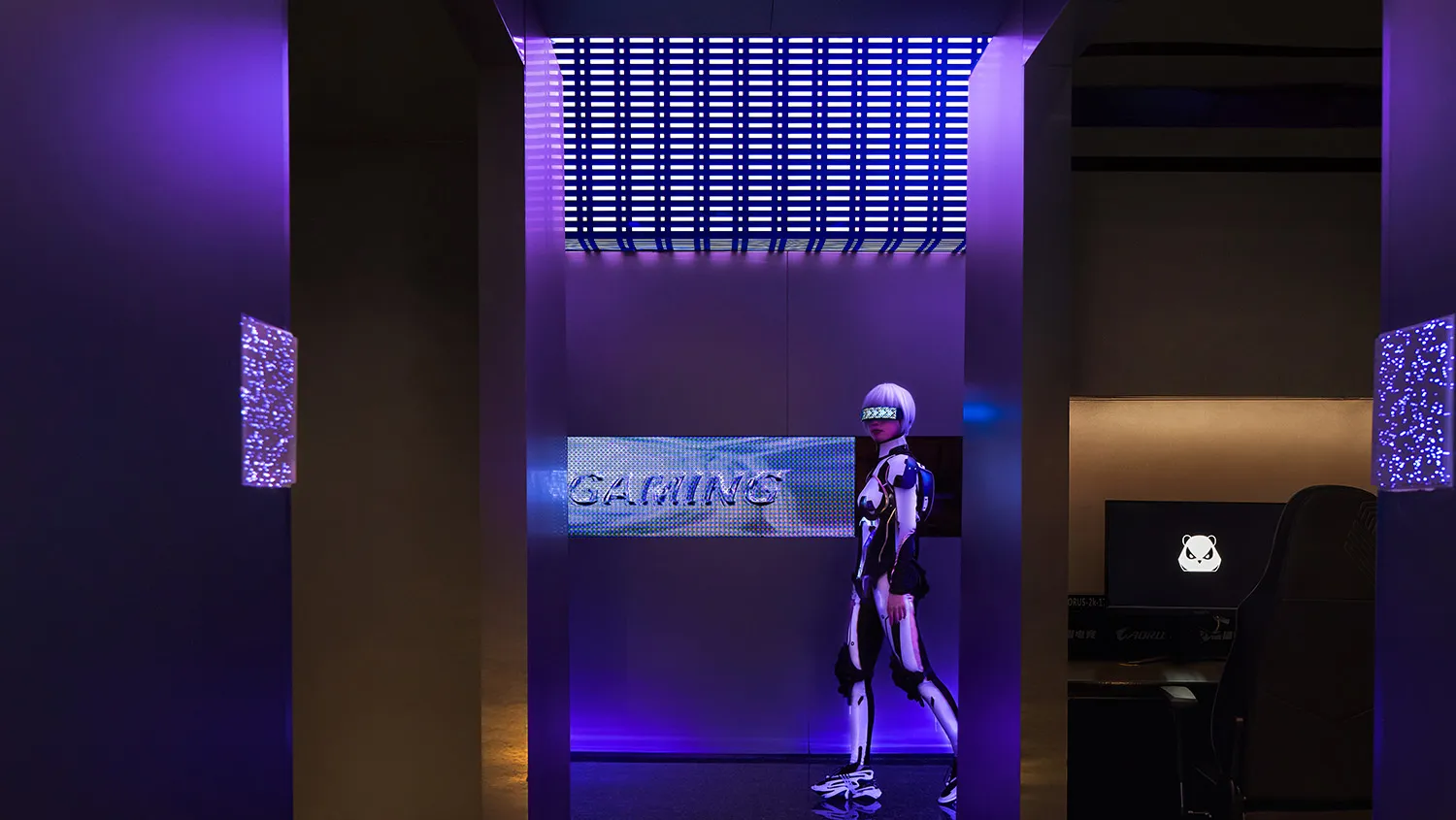 A futuristic gaming station with robotic metallic synthetic design elements