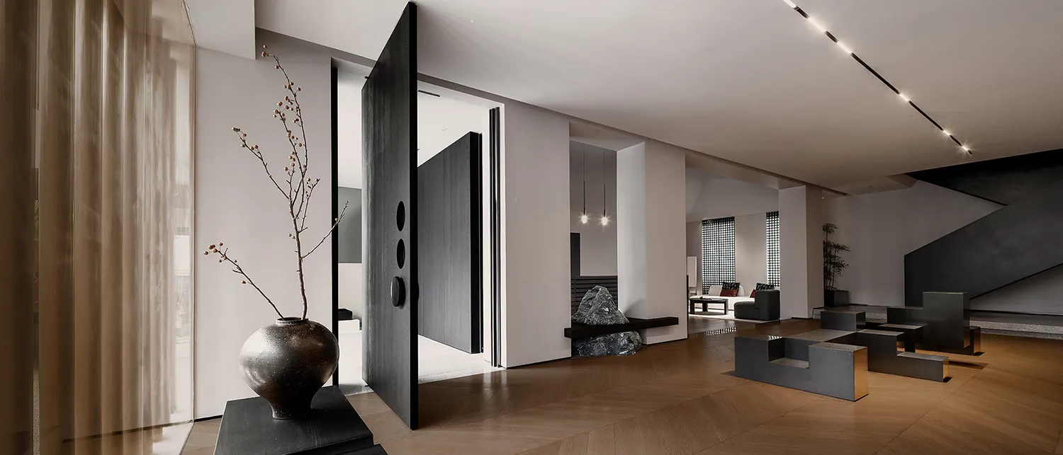 Modern minimalist living room with wooden, concrete and metal elements