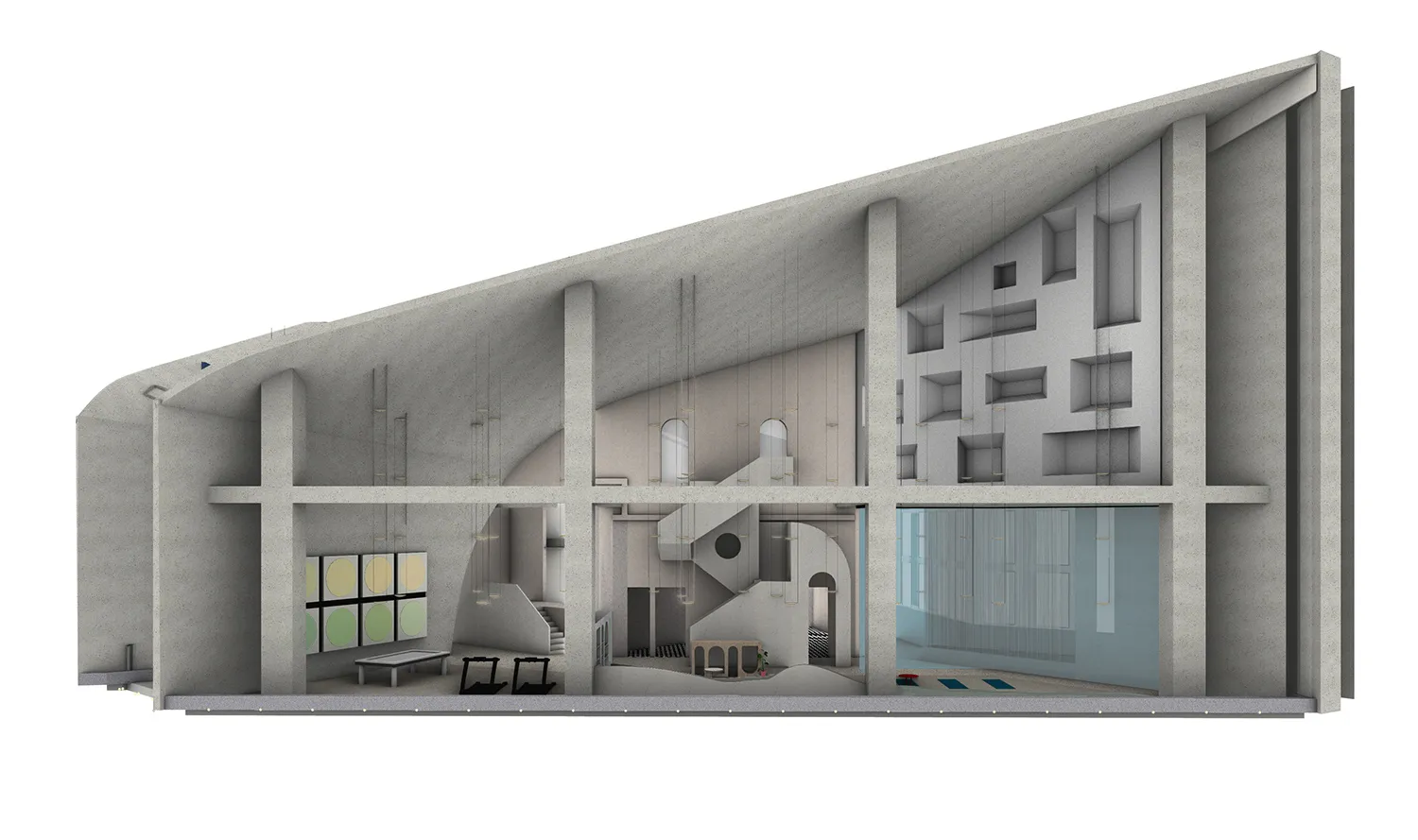 一張展示現代混凝土建築室內設計的橫切面2D建築圖。