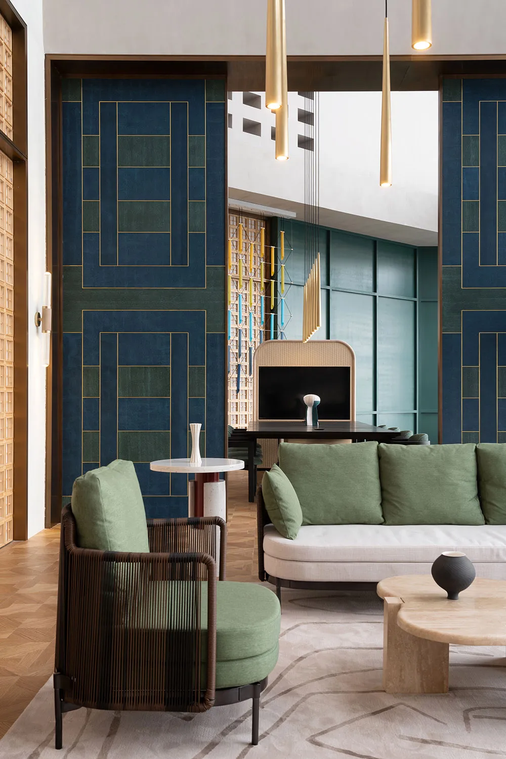 A modern interior living room with a mix of materials and design elements.