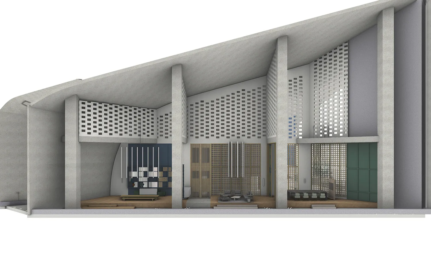 An office space with a modern, industrial design featuring concrete walls, wooden partitions, and metal accents.