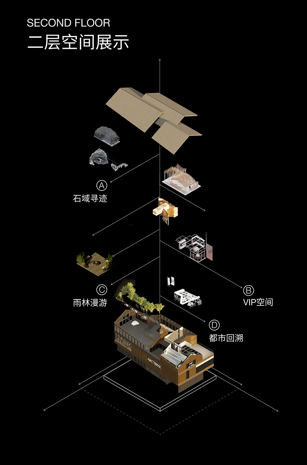現代室內空間以樹木與屋頂材料作為設計元素。