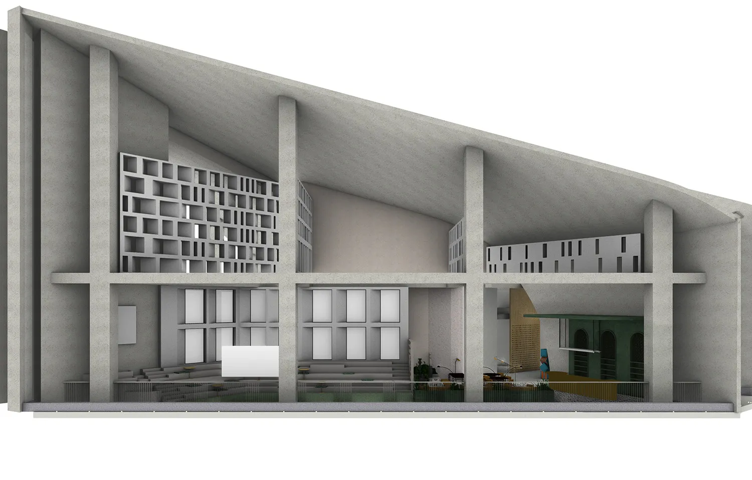 A modern office space featuring concrete walls and a concrete ceiling with visible concrete beams.