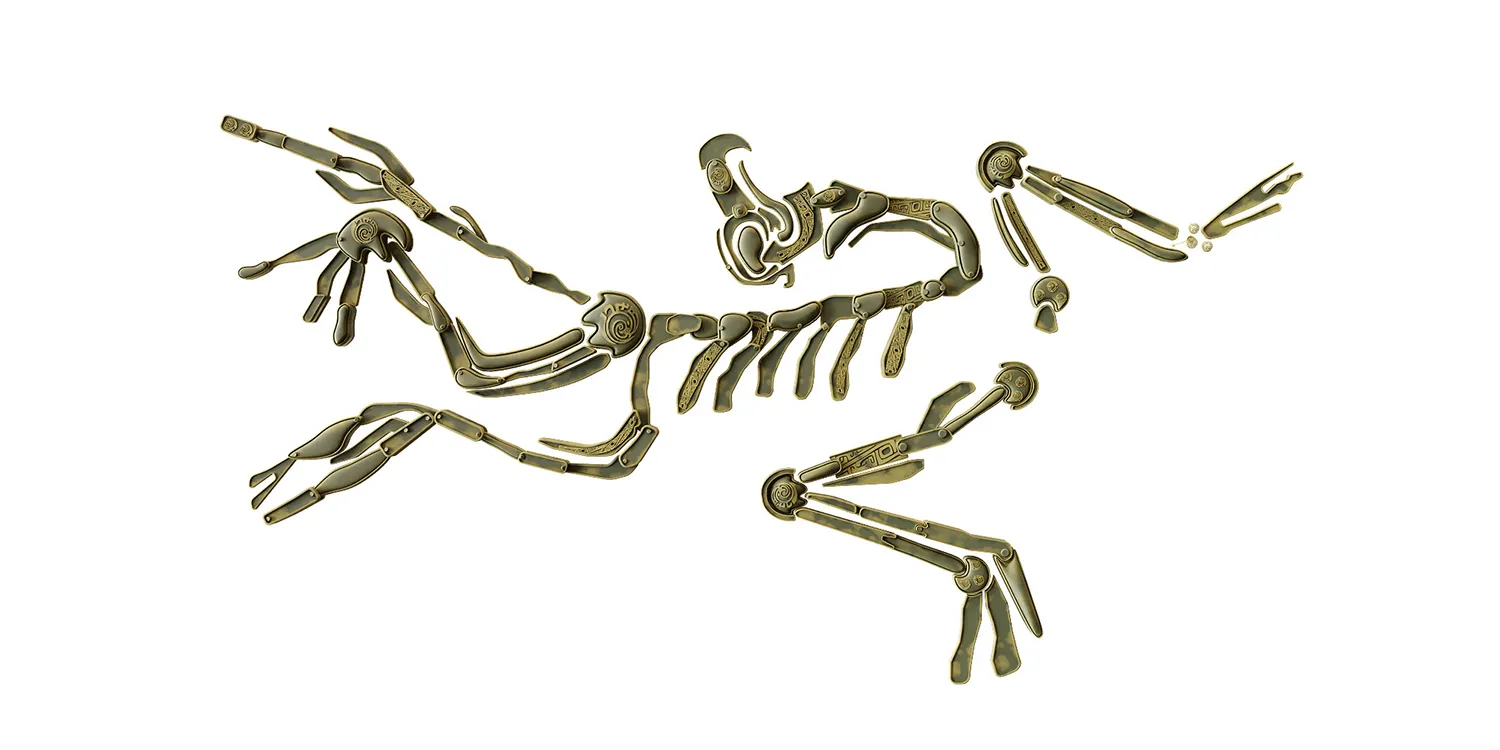 A robotic skeleton composed of interconnected bones and joints joined together with adhesive materials.