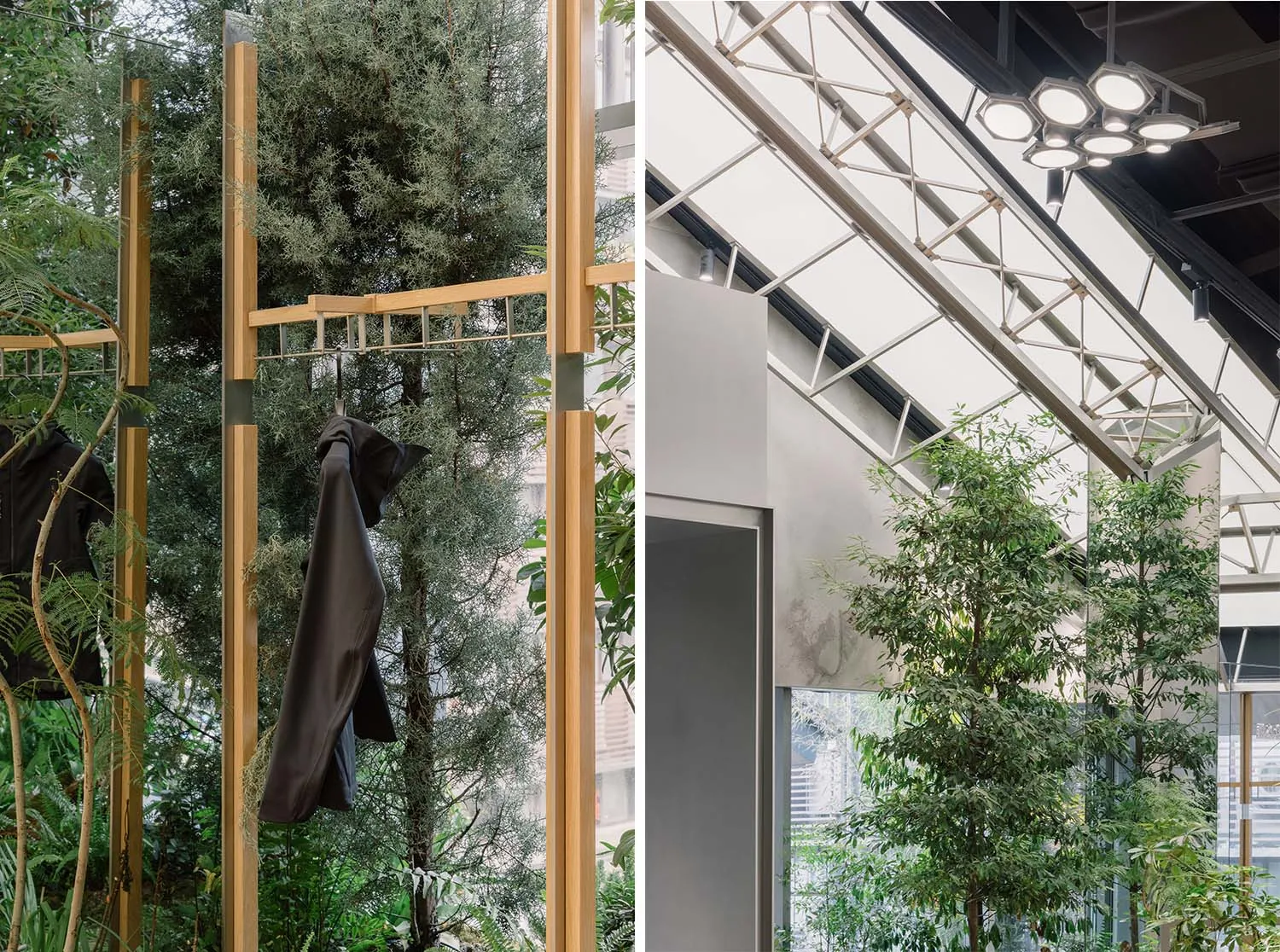 A modern clothing retail store with wooden elements