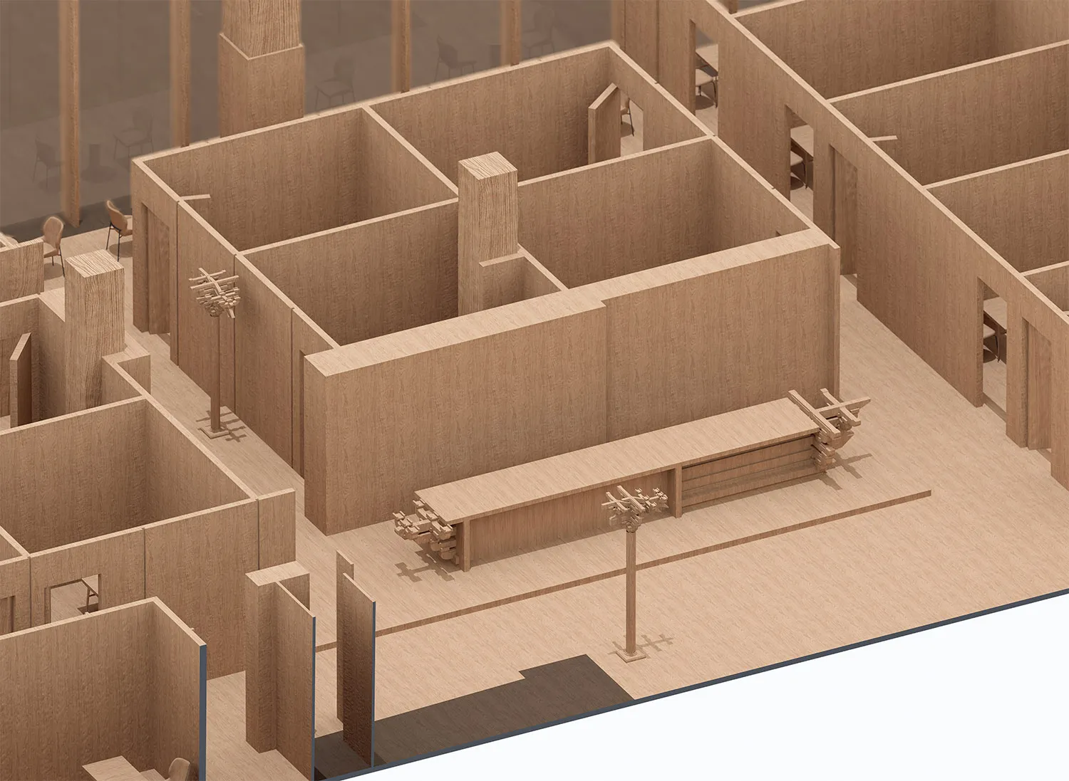木質室內空間的詳細2D建築圖，呈現多個房間與家具配置。