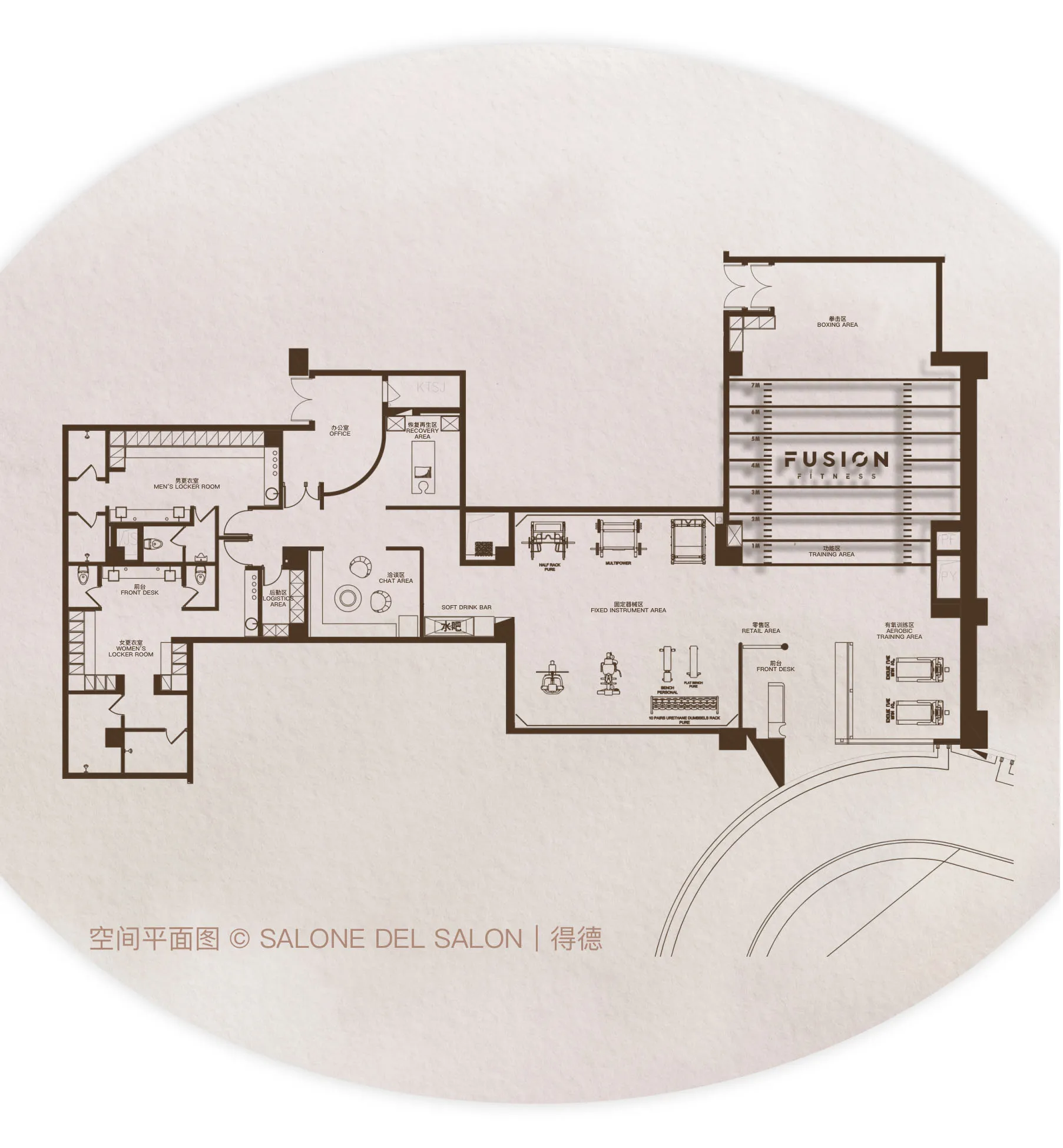 Fusion Fitness 辦公室室內的詳細平面圖,繪製在紙上。