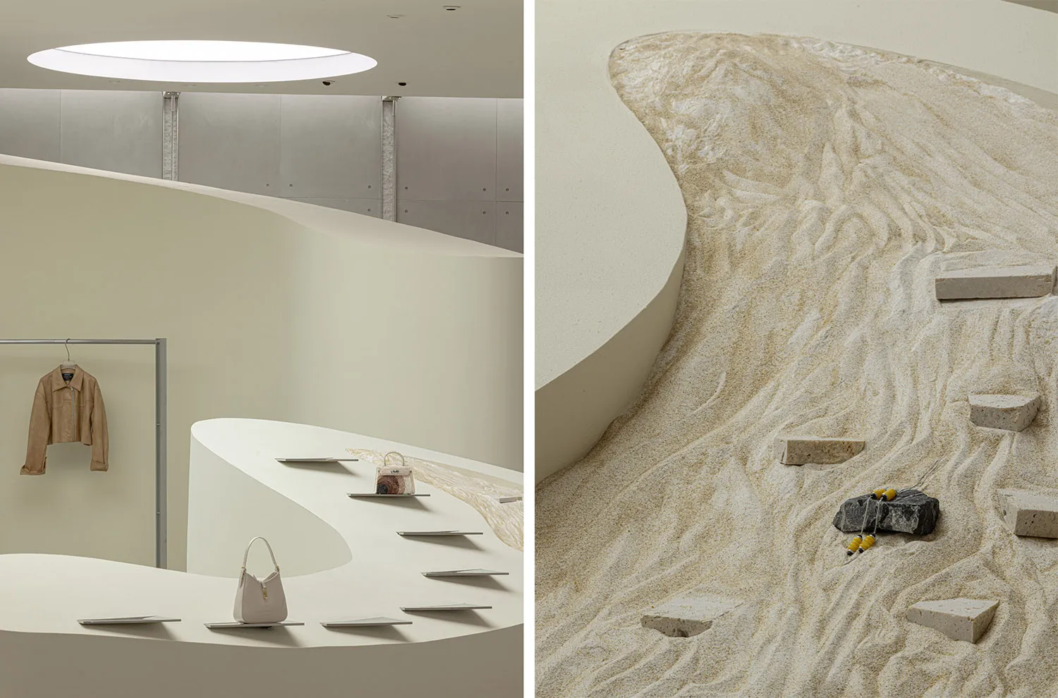 A minimalist interior space featuring sandstone and marble materials.