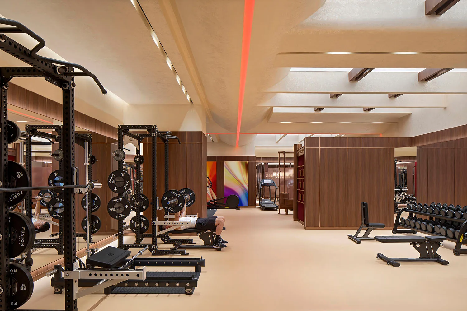 A spacious modern gym with steel equipment and wooden accents