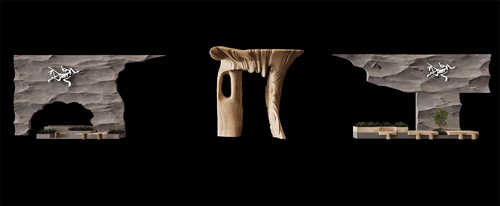 Carved wooden sculptures displayed in a modern landscape setting.