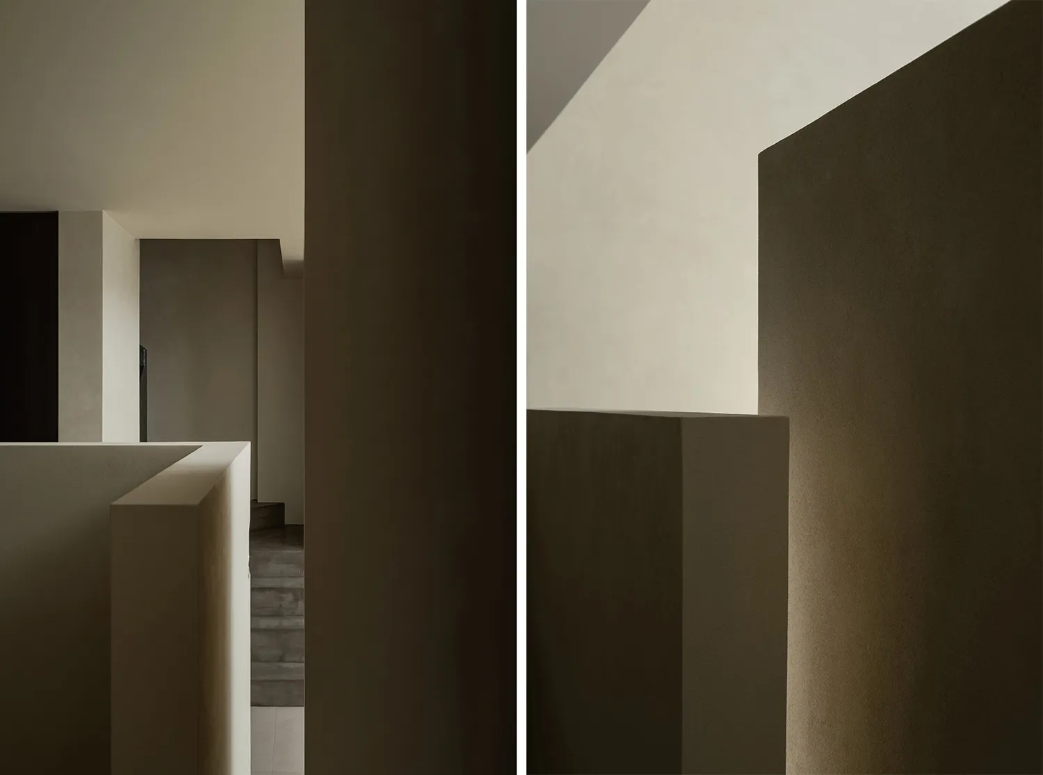 Industrial-inspired modern minimalist interior space featuring textured concrete walls and floors.
