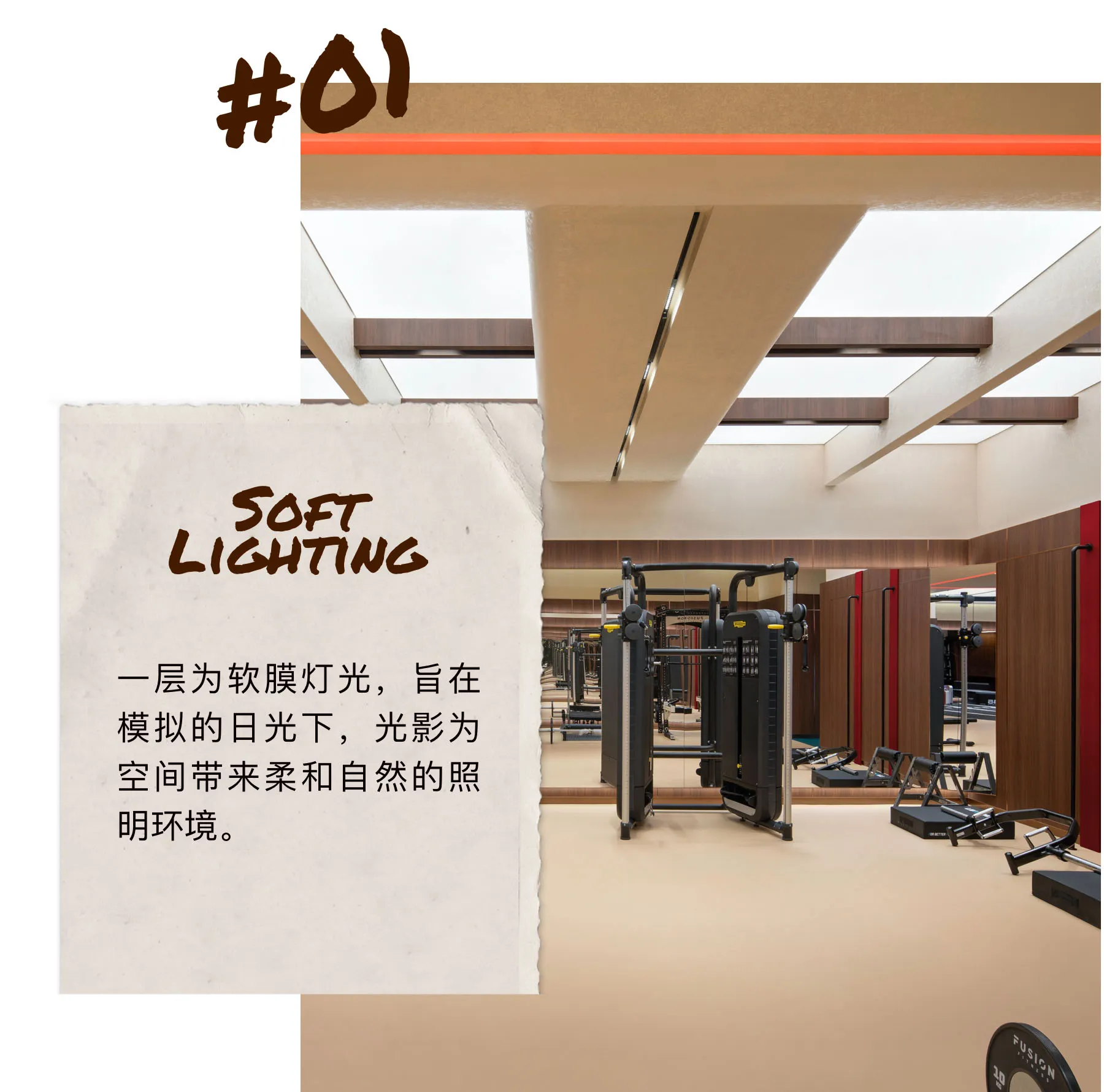 現代健身房室內,木質牆面搭配金屬健身器材。