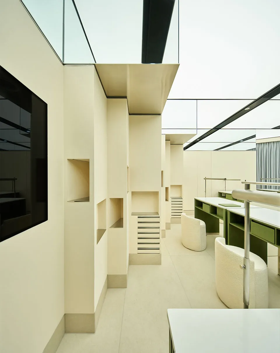A modern office interior with neutral colors and clean lines.