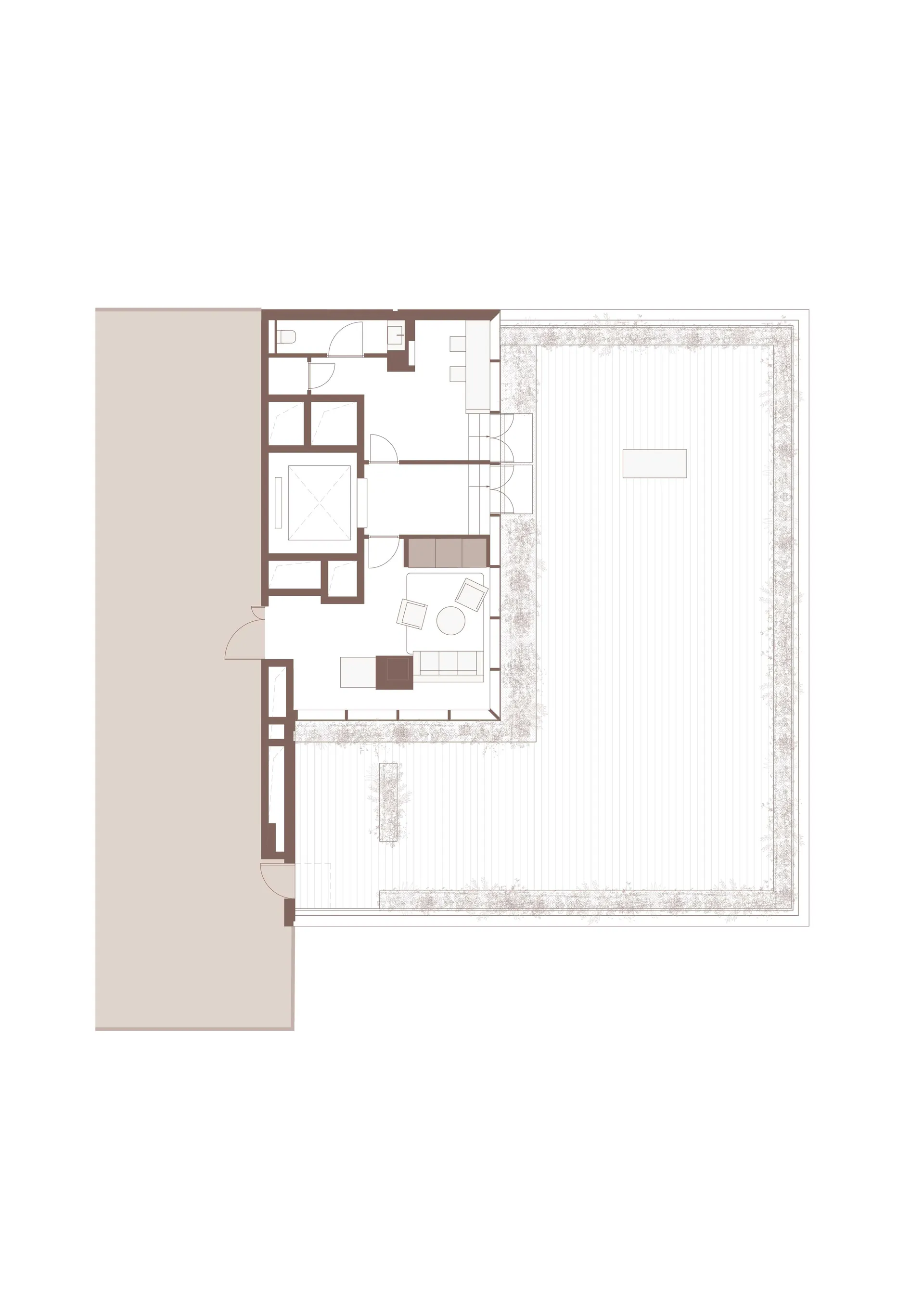 Floor plan of a residential interior, showing the layout and design elements.