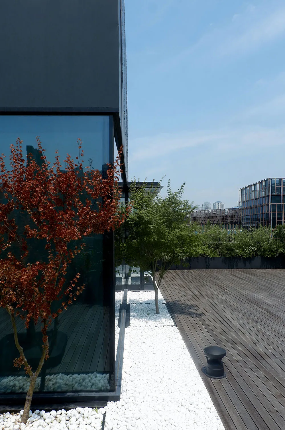 Modern rooftop patio featuring wooden deck, gravel pathway, and greenery.