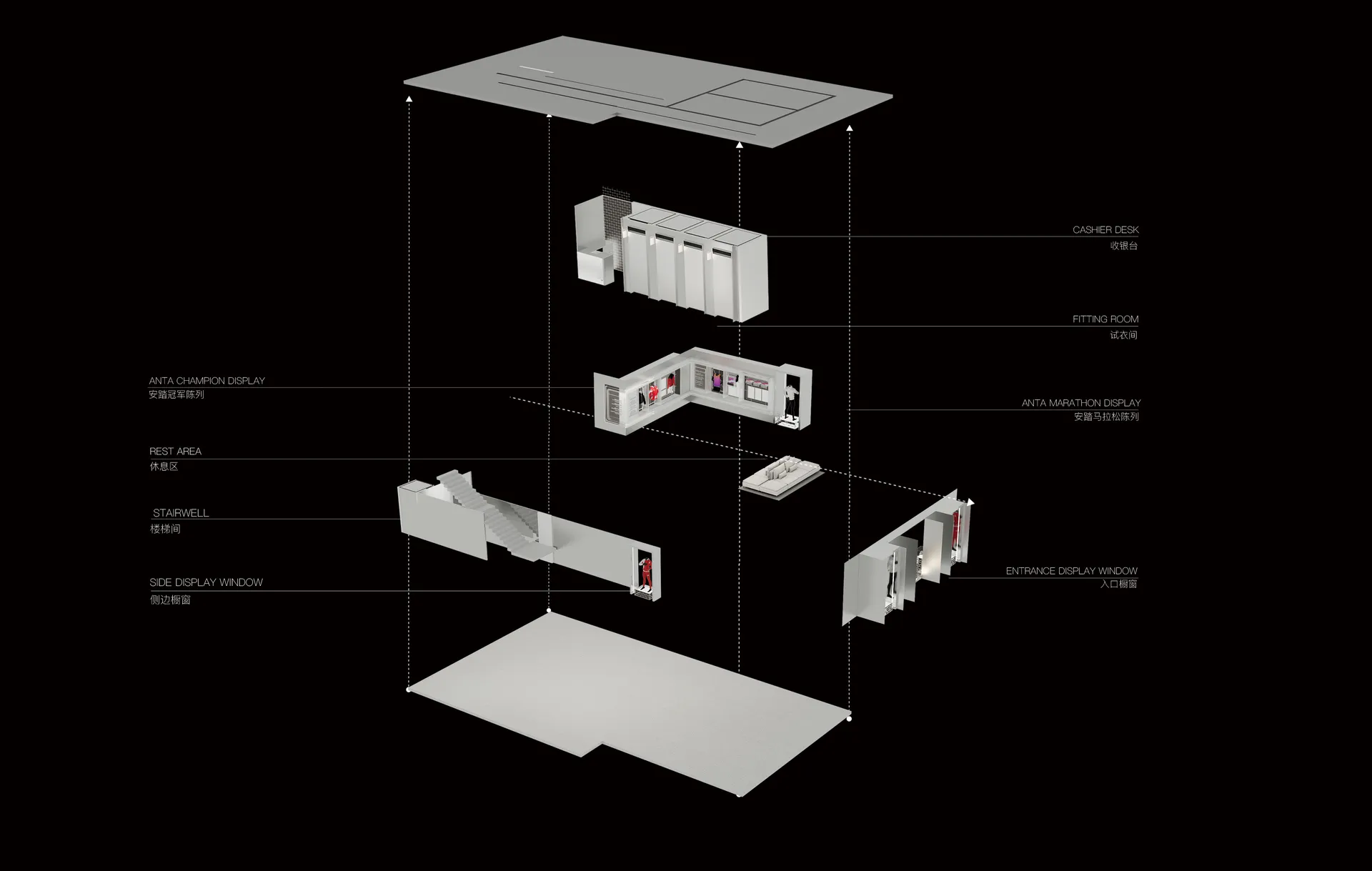 An architectural floor plan depicting various functional zones within a retail space.