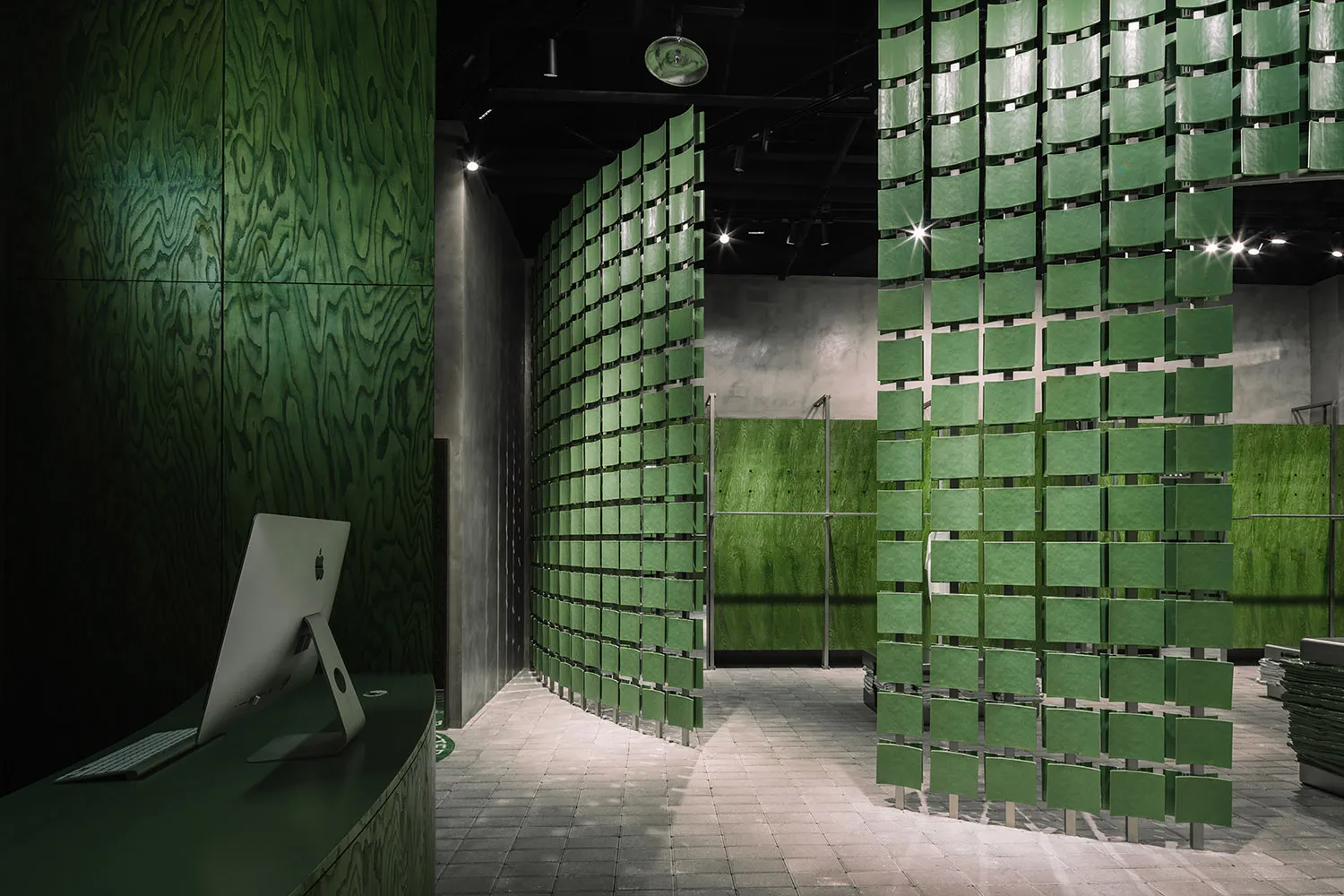 Minimalist green office space with modern design features