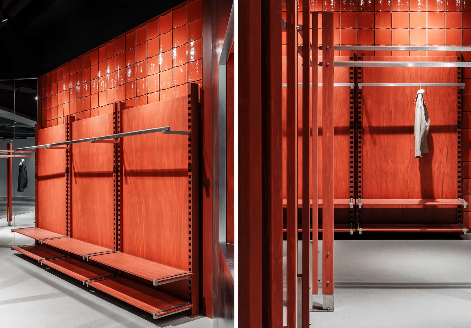 Modern retail space featuring minimalist interior design with wood and metal materials, showcasing clean lines and functional