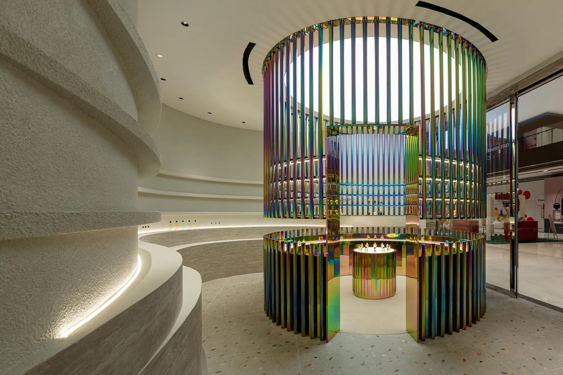 A modern retail storefront with metallic elements