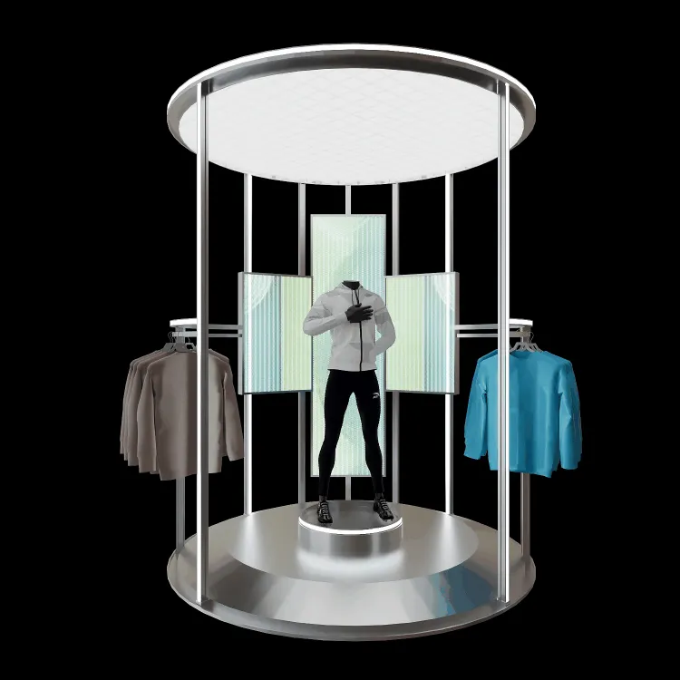 A retail display featuring a mannequin wearing a white jacket, surrounded by clothing on hangers.