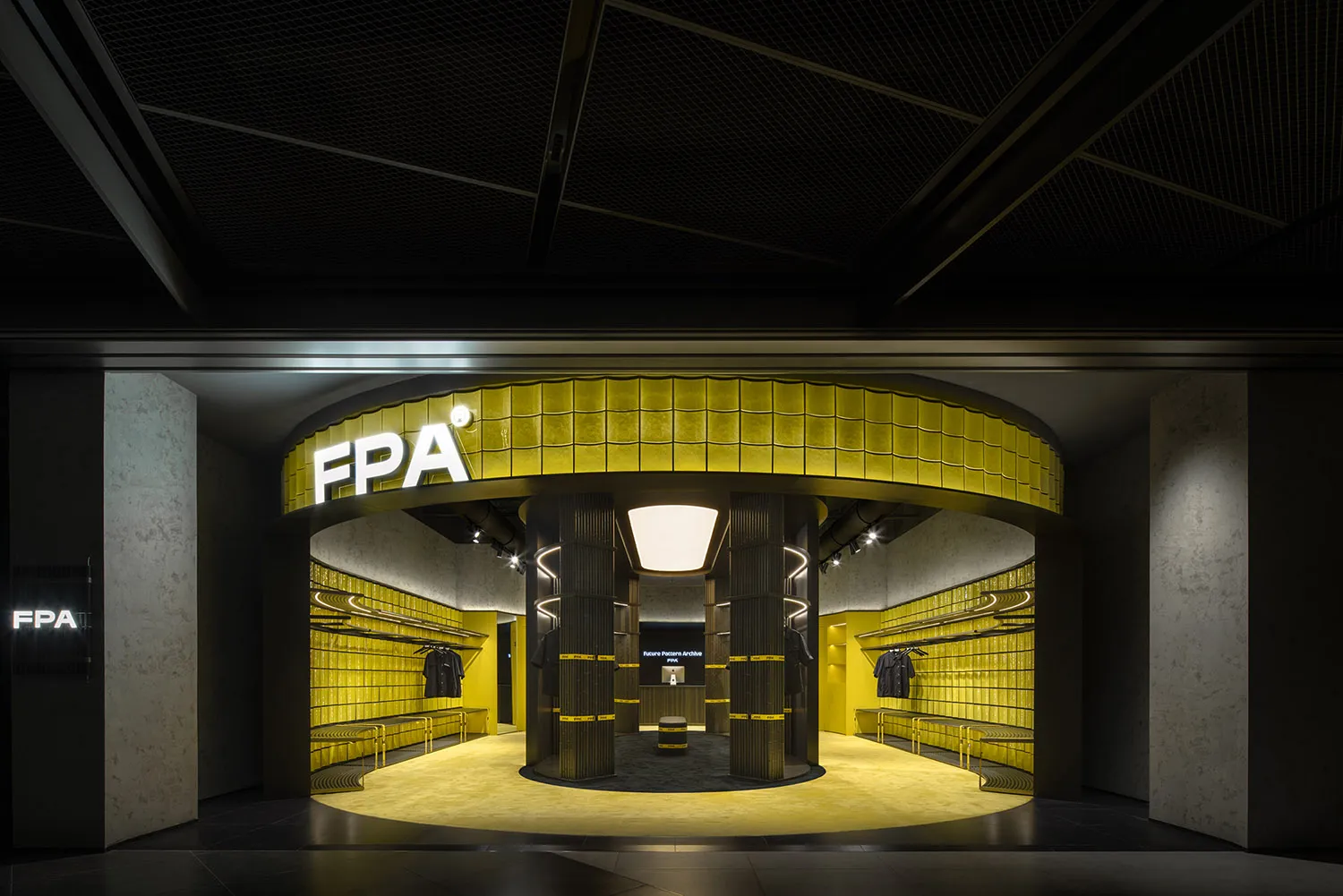Industrial retail storefront featuring a yellow-accented color scheme.