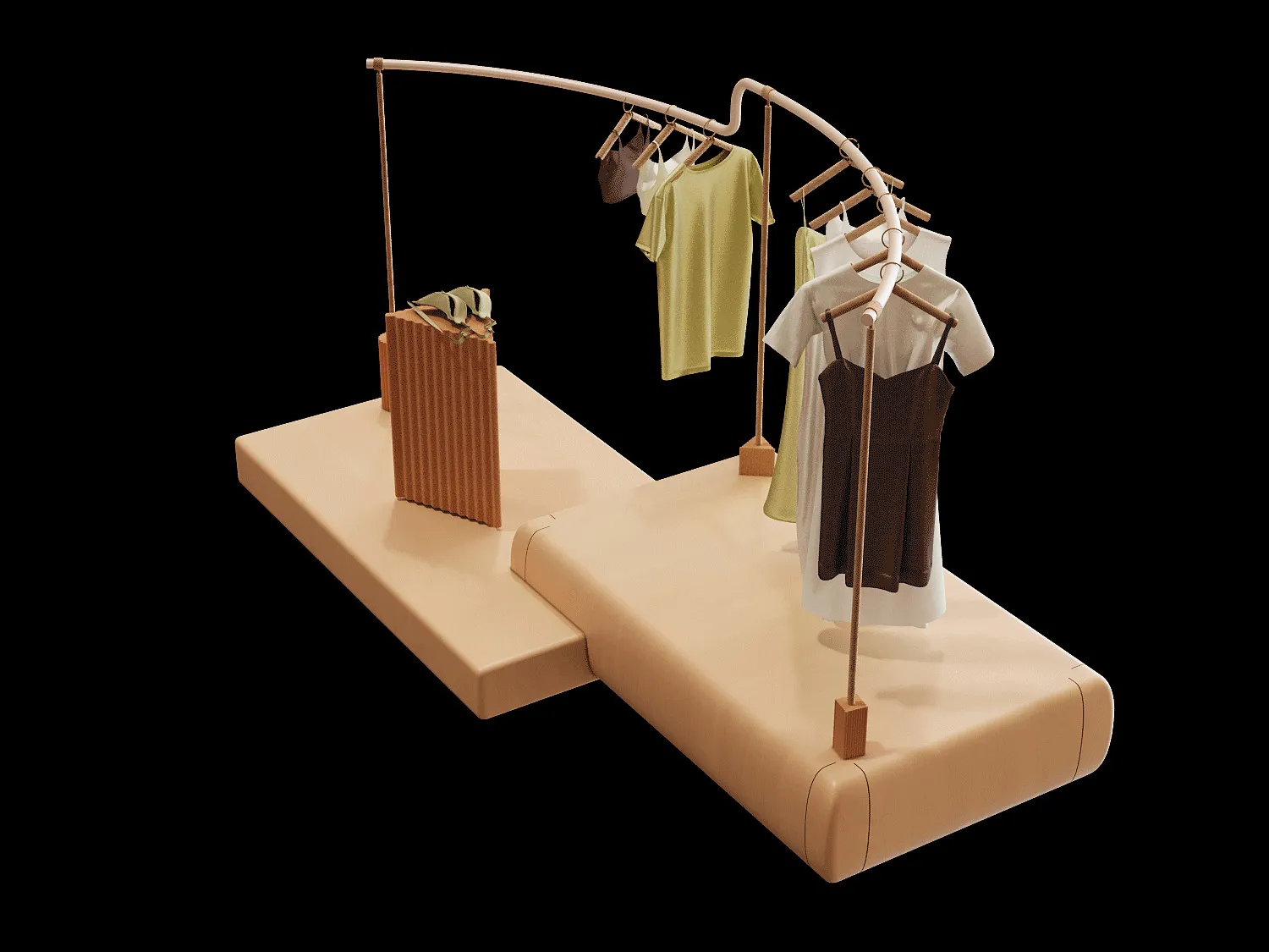 A clothing rack made of wood with clothes hanging on it