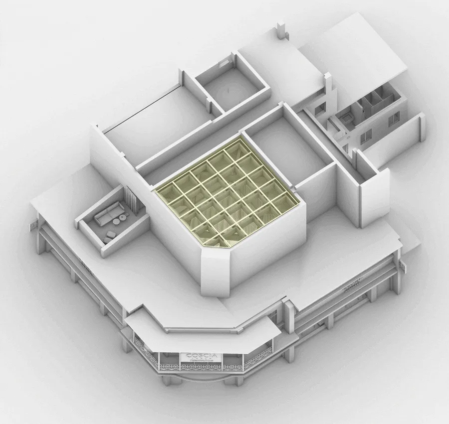 A 3D schematic of an industrial floor plan featuring cement blocks as a primary structural material.