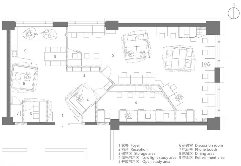 Industrial-style office layout with seating arrangements and functional zones.