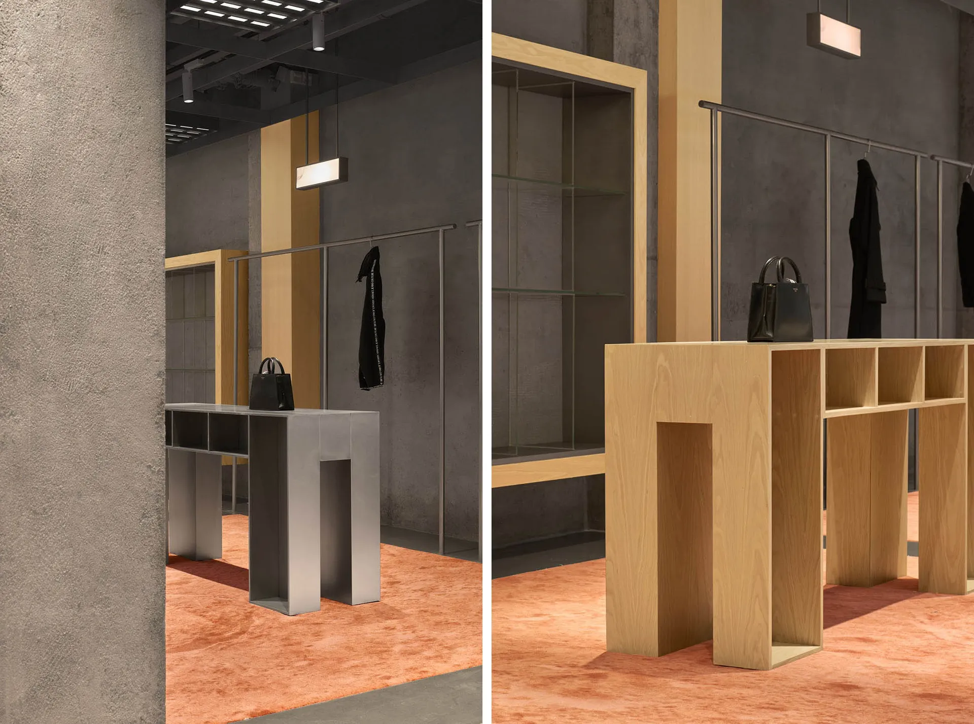 A modern, industrial retail storefront with wooden shelving, concrete walls, and glass display cases.