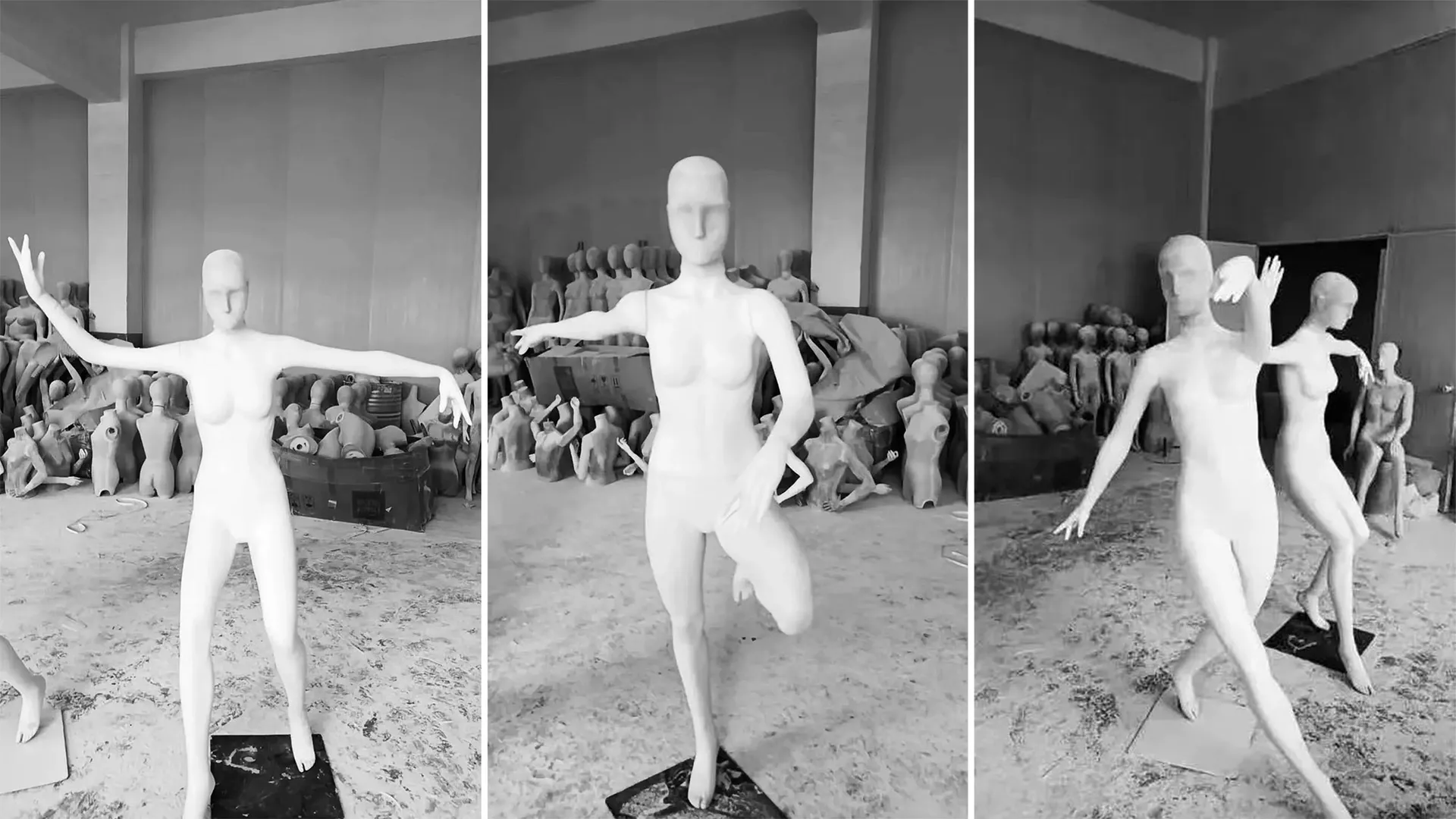 Several white plastic female mannequins in a workspace environment.