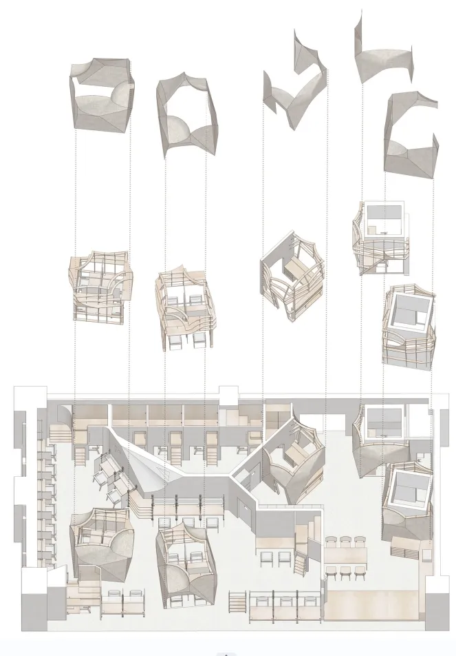 現代辦公室室內的2D建築圖，展示當代家具設計。
