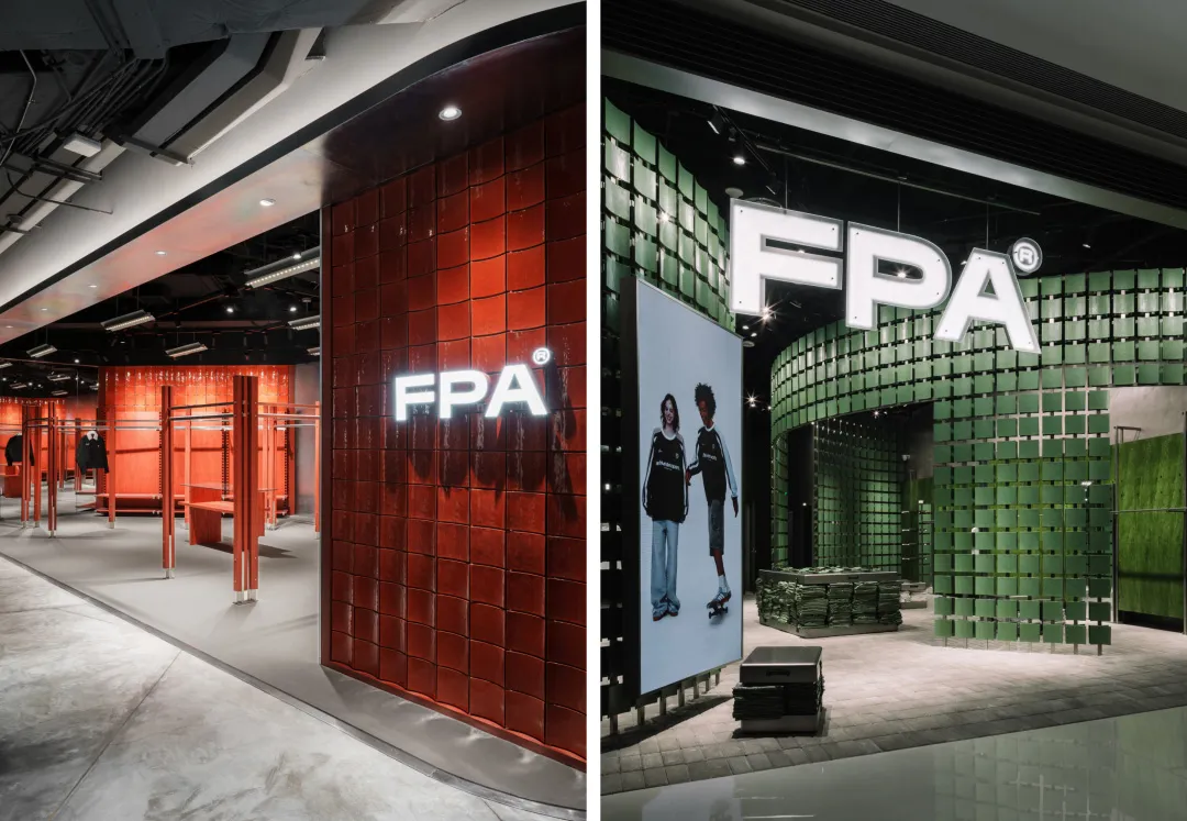 Modern retail storefront with red metal tiles and signage reading 'FPA'.