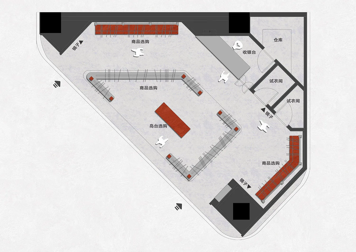 A 2D architectural drawing of a retail shop featuring concrete, wood, metal, and glass materials.