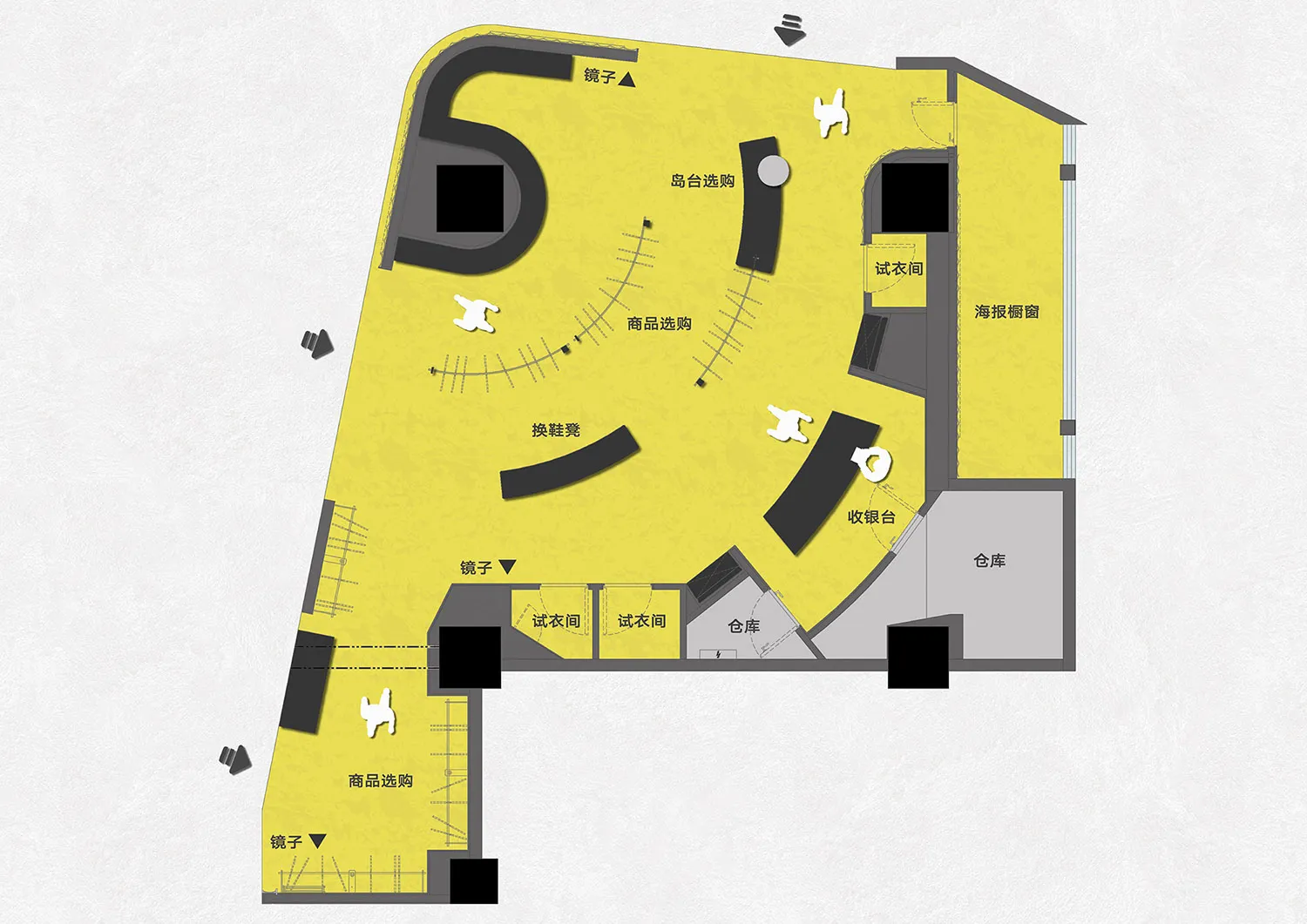 零售空間的詳細平面圖，展示各功能區域如試衣間、海報橱窗，