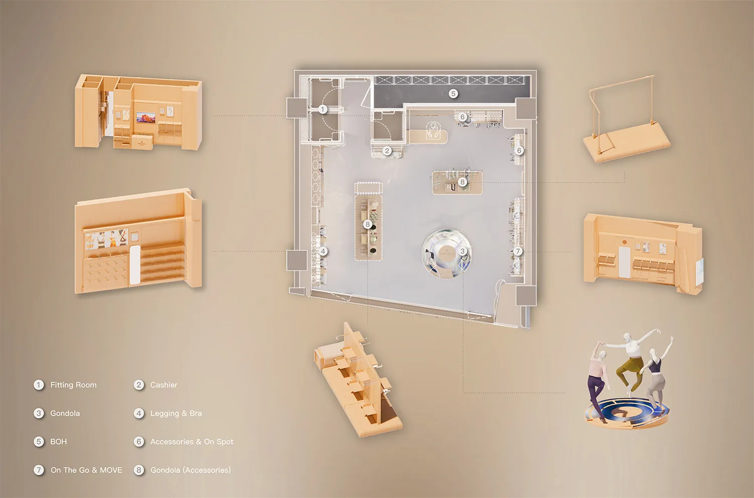 Floor plan of a retail space with wooden fixtures and white flooring and walls.