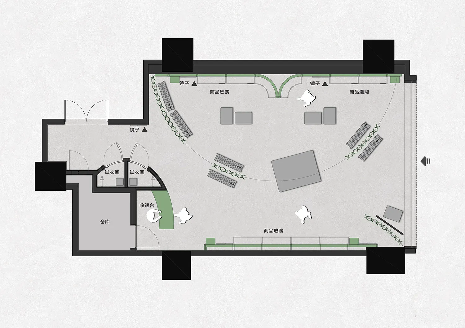 Top-down view of a retail store layout with fabric, furniture, and concrete elements.