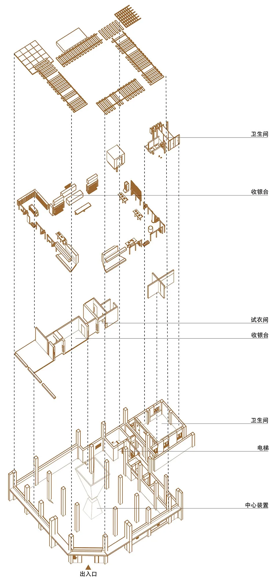 A 2D architectural drawing of a wooden commercial space, including detailed planning and functional zones.