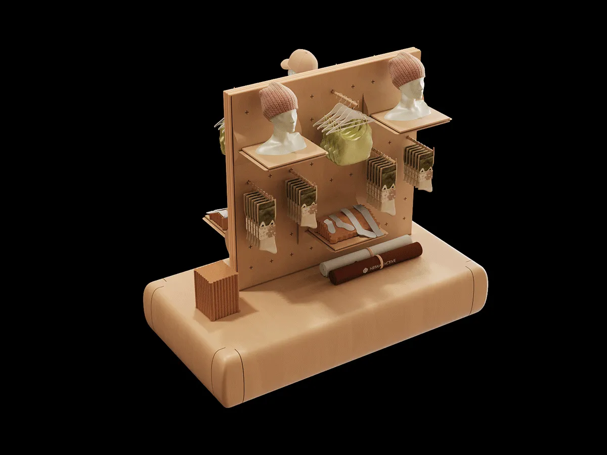 A wooden retail display featuring product racks and mannequins.