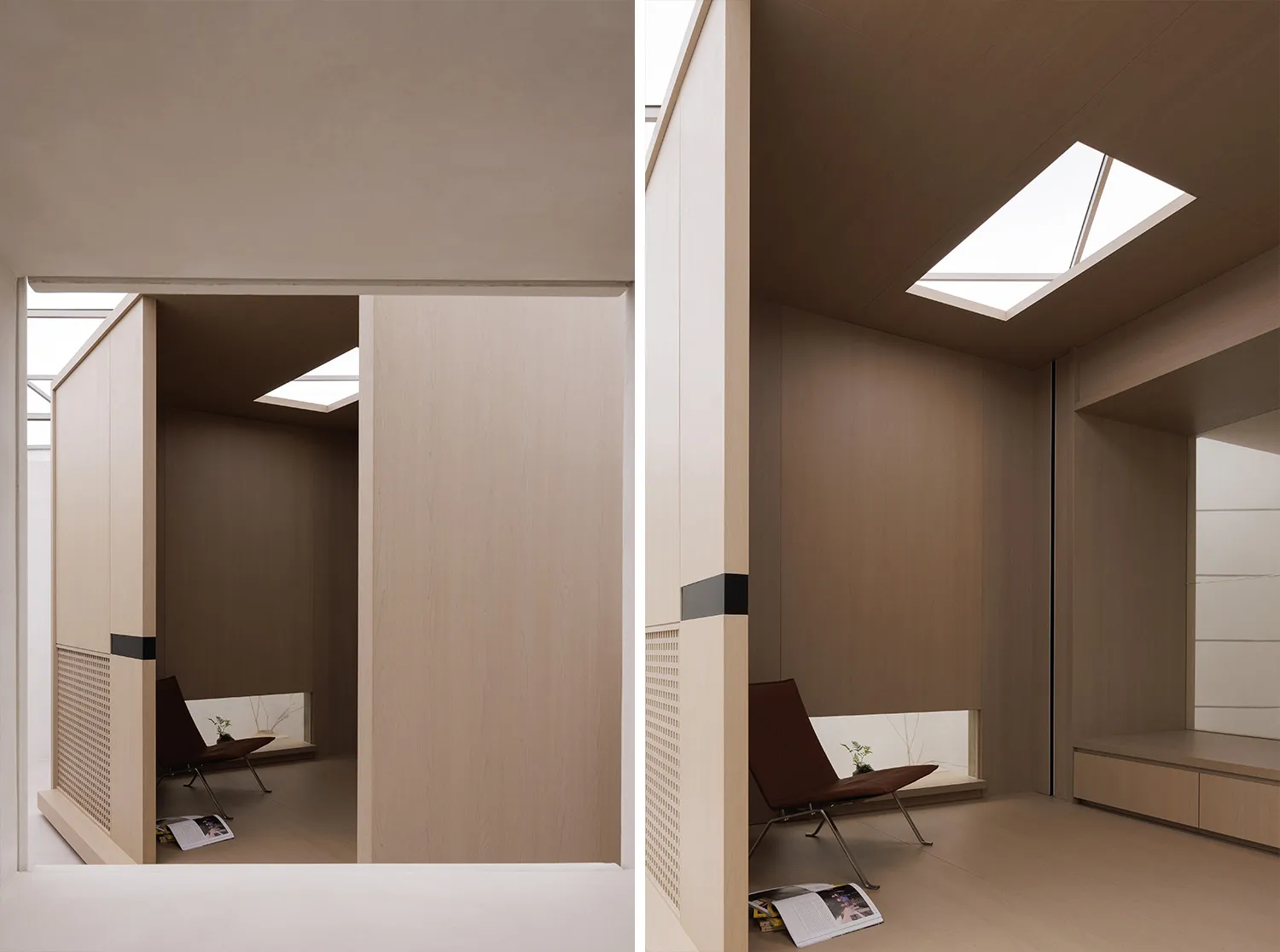 Modern residential space with minimalist design, soft wood paneling, and natural light.