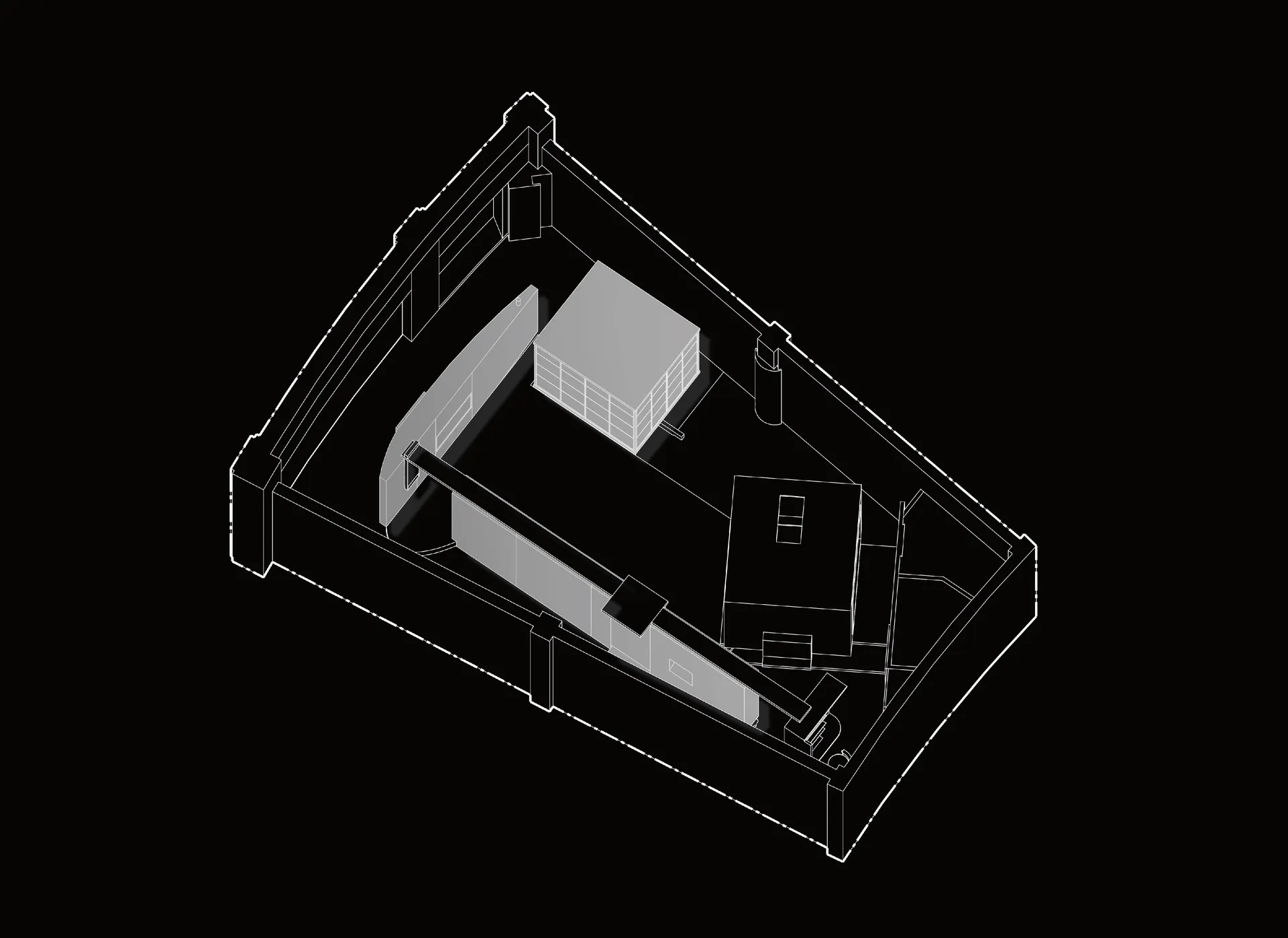 Floor plan of a minimalist black and white architectural interior