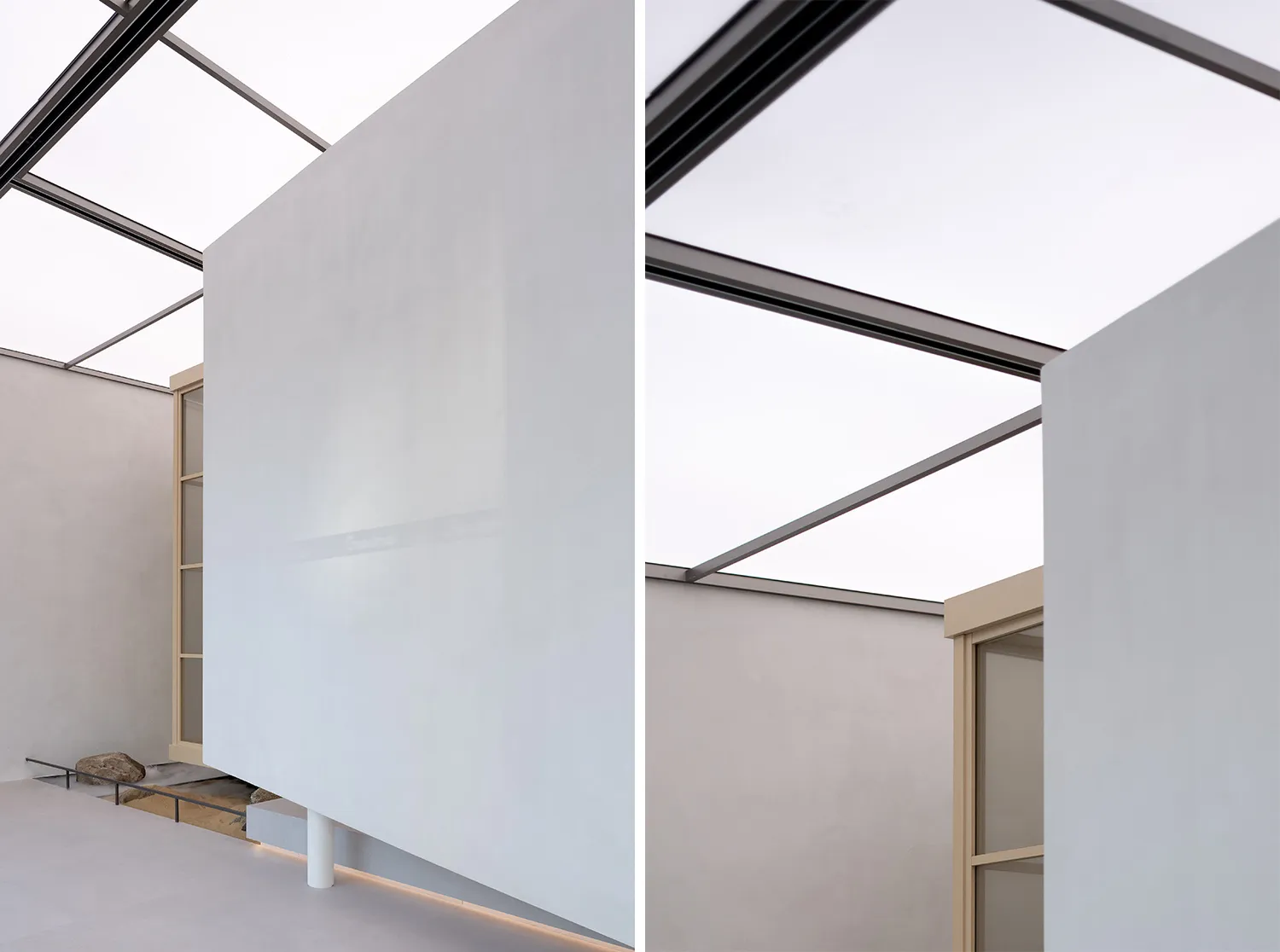 Modern interior design featuring concrete walls and ceiling.