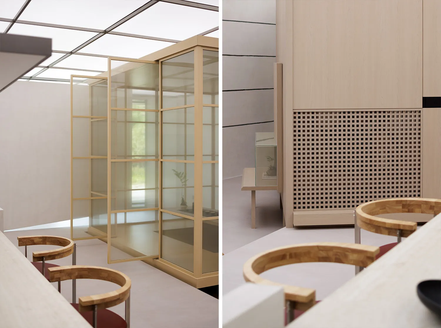 Modern kitchen featuring glass cabinets, wooden furniture, and a minimalist design.