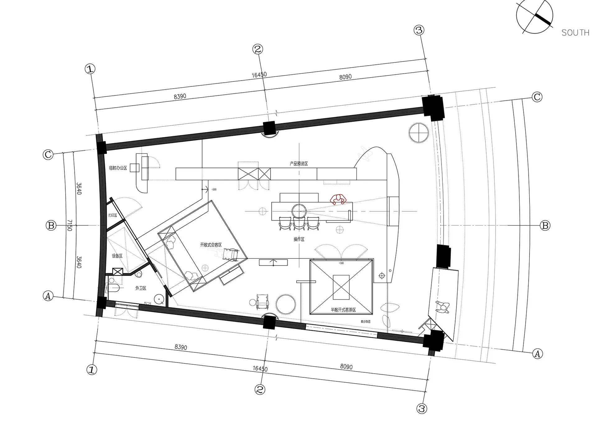 Floor plan of an office space with various functional zones and dimensions indicated.