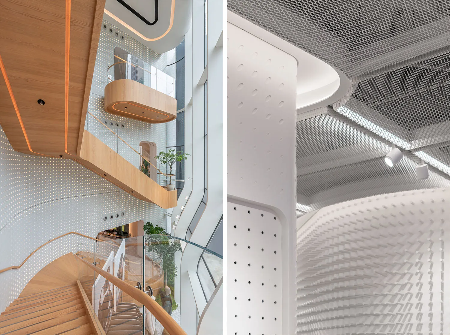 現代建築室內空間,搭配木質樓梯與穿孔面板。