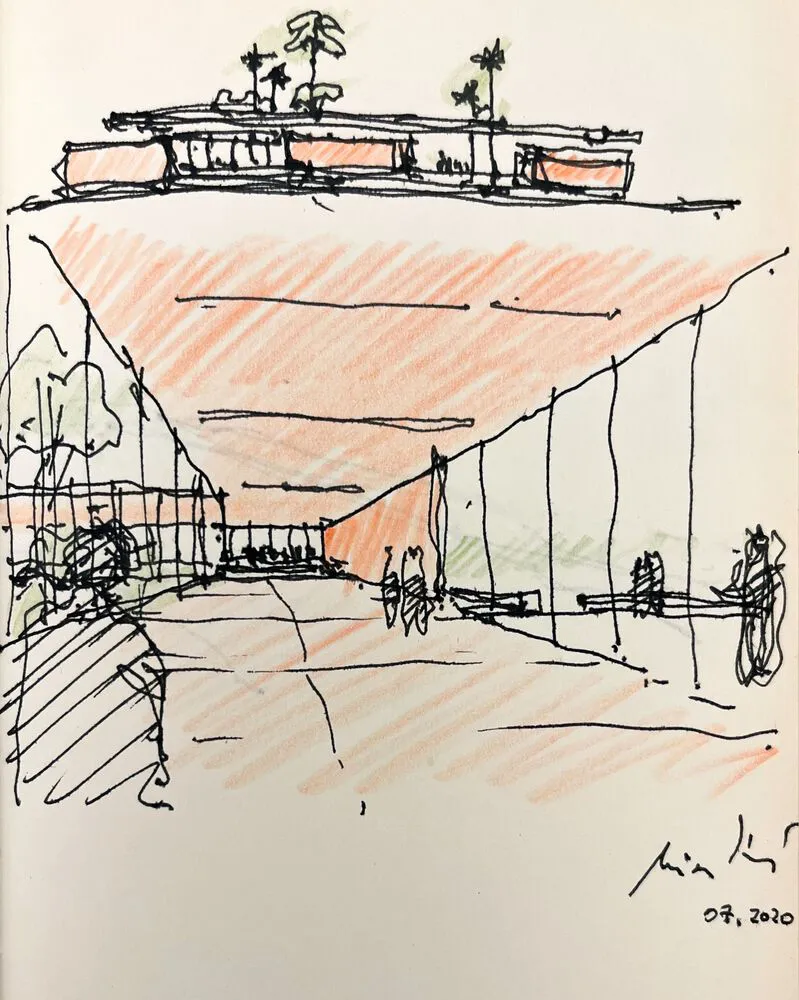 Black ink sketch of modern architectural design with orange shading and green accents.