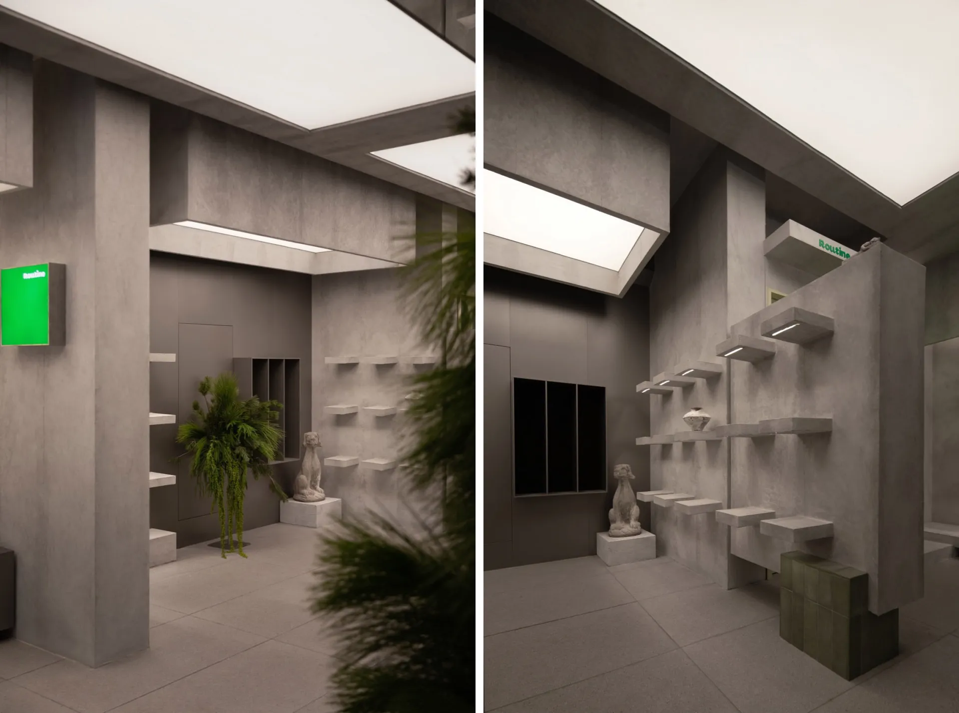 Modern commercial interior design featuring concrete walls, shelves, and sculptures.