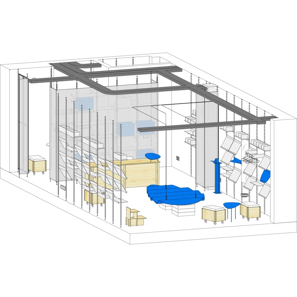 Modern retail storefront featuring wood, glass, and metal materials with blue accents.