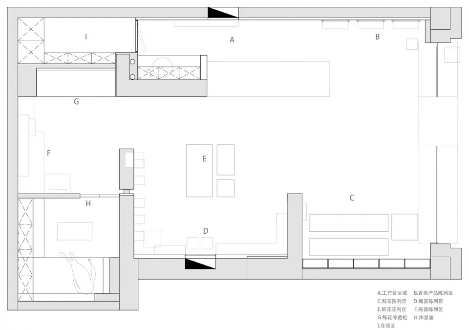 辦公空間的建築2D平面圖。